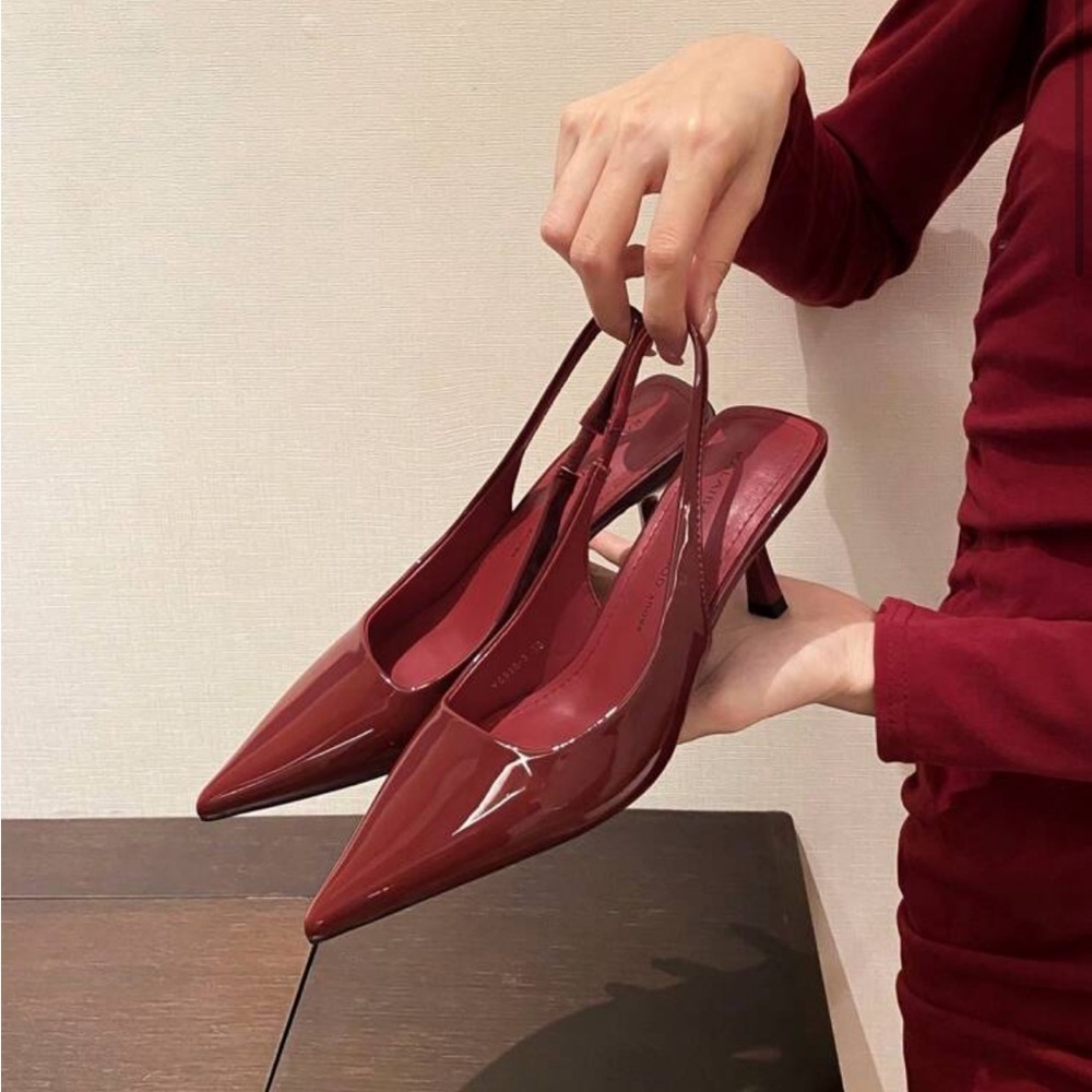 Red Wine Slingback Kitten Heels - Burgundy Patent Leather Pointed Toe Pumps